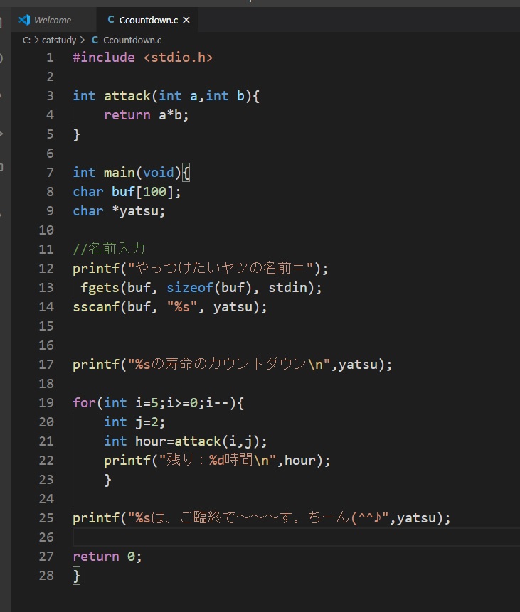 C言語 カンタン関数引数戻り値で嫌なヤツの寿命のカウントダウン 猫先生 がプログラミングをガリ勉してみた